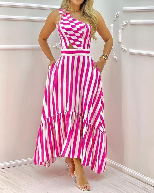High Waist One Shoulder Striped Maxi Dress - Beauty and Trends 